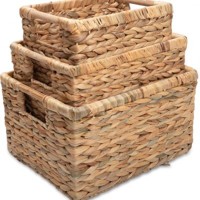 Water Hyacinth Storage Baskets Rectangular with Wooden Handles for Shelves