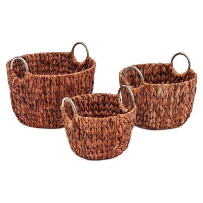 Set of 3 Round Hyacinth Baskets with Stainless Steel Handles