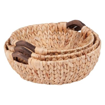 Set of 3 Round Water Hyacinth Baskets, Woven Trays with Wooden Handle