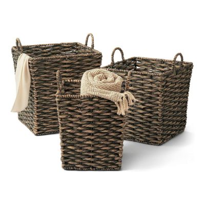 Set of 3 Woven Water Hyacinth Blanket Baskets with Handle