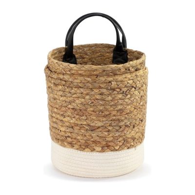 Natural Brown White Trim Braided Water Hyacinth Storage Baskets