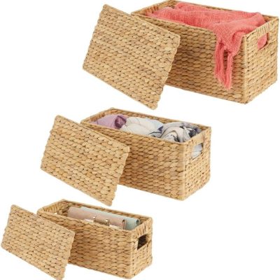 Water Hyacinth Rectangle Storage Basket with Topper Lid and Handles