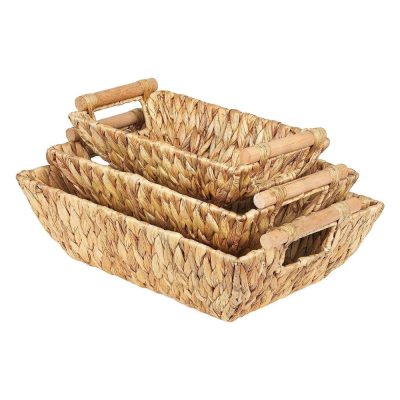 Water Hyacinth Baskets Set of 3 Storage Baskets with Wooden Handles