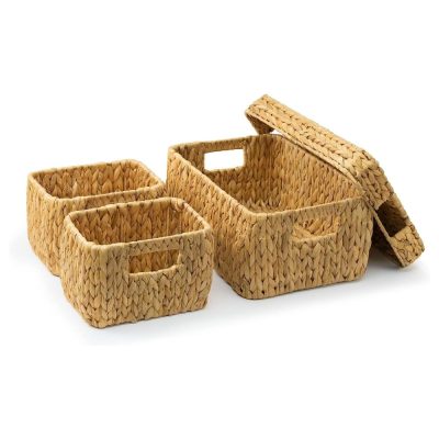 Set of 3 Water Hyacinth Storage Baskets with Lid for Organizing