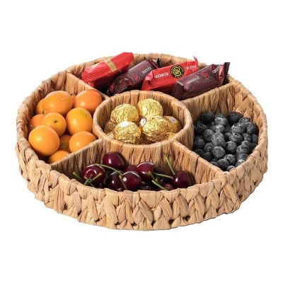 Woven Water Hyacinth Round Severing Tray, 5 Compartment Organizer