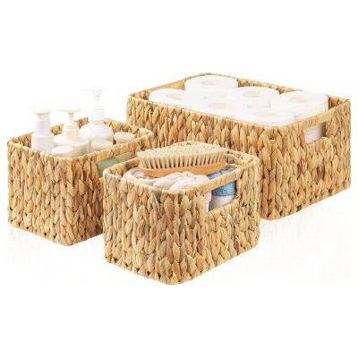 Set of 3 Pack Hand-Knitted Wicker Baskets with Built-in Handles