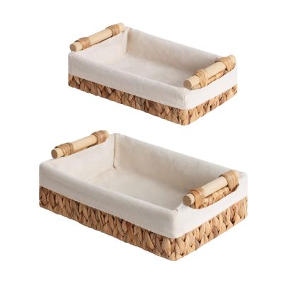 Decorative Water Hyacinth Small Wicker Basket Organizer with Wooden Handles