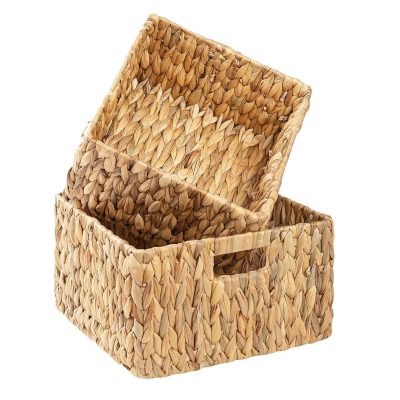 Natural Set of 2 Square Water Hyacinth Basket with Handles for Shelves