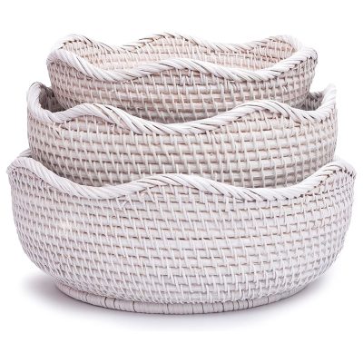 Set of 3 White Rattan Round Serving Basket Bowls