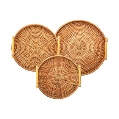 Round Rattan Tray with Wooden Handles Bread Serving Tray