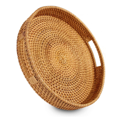 Round Rattan Hand Woven Serving Basket with Cut-Out Handles