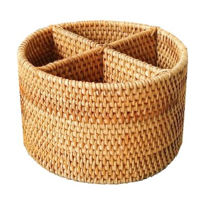 Natural Round Rattan Basket 4 Compartments Storage Holder