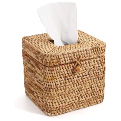 Rattan Square Tissue Box Cover with Hinged Top Lid