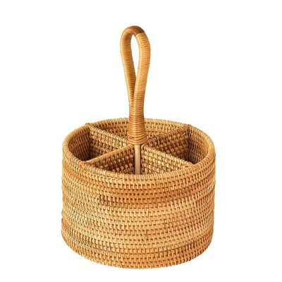 Rattan Round Utensil Caddy Holder 4-Compartment Flatware Organizer