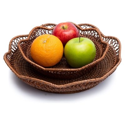 Set of 2 Brown Round Rattan Fruit And Vegetable Trays